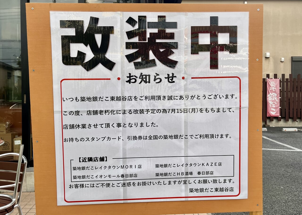 銀だこ東越谷 改装中案内